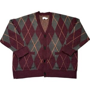 Topman Men’s Plaid Burgundy and Gray Argyle Cardigan - Large‎